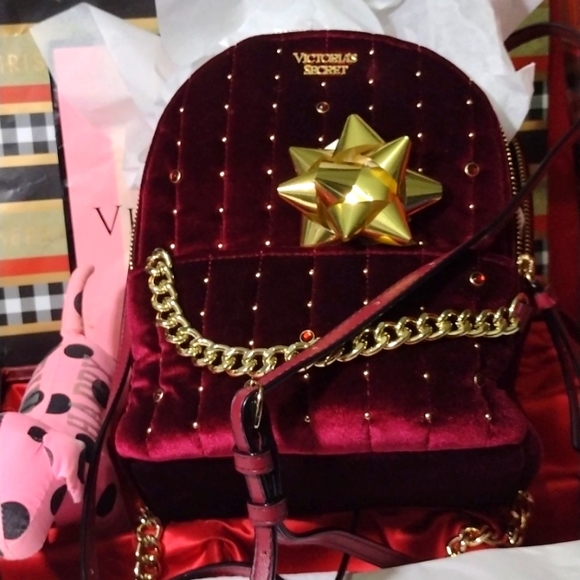 Victoria's Secret Burgundy Velvet Stud City Mini Backpack🎒Crossover Gold HW NWT - Picture 6 of 14